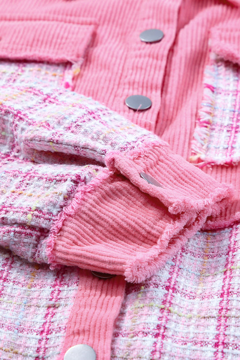 Rose Frayed Tweed Plaid Patchwork Buttoned Jacket